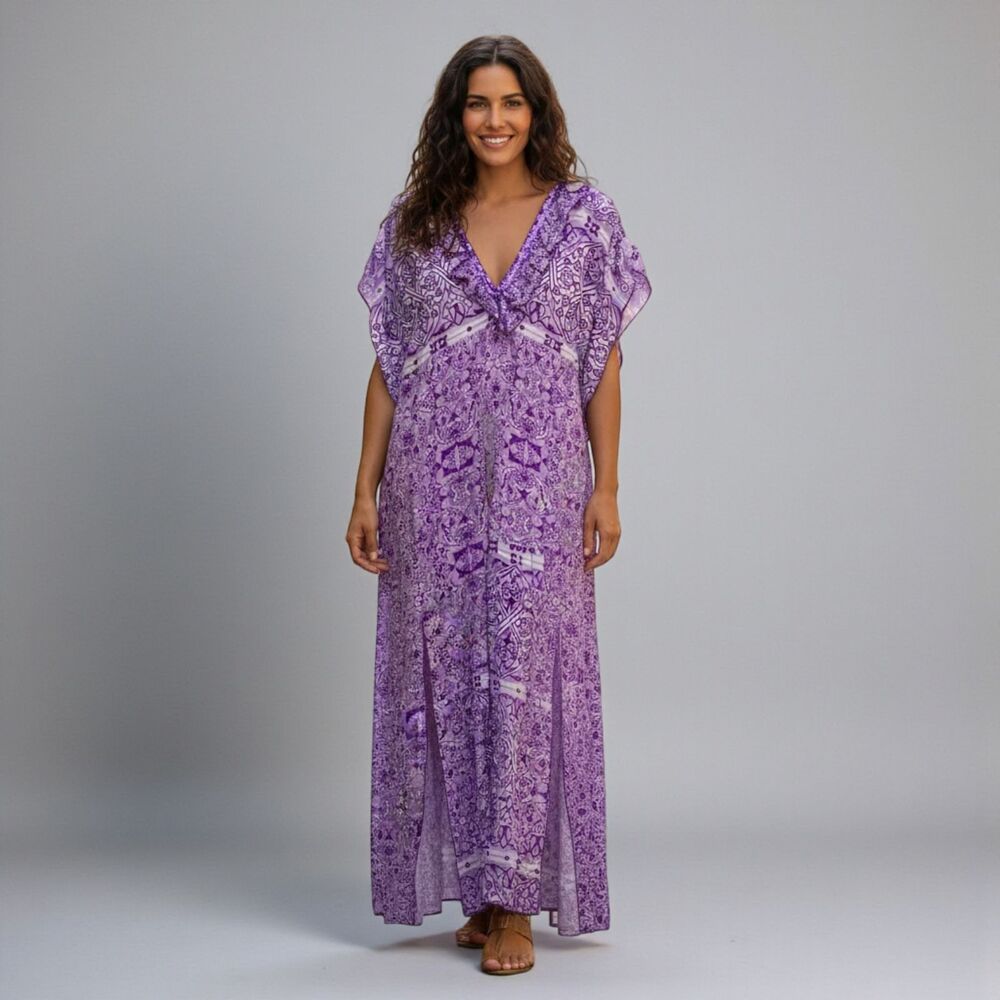 Feather & Find Eclectus May Purple Sequin Paisley Kaftan Maxi Dress OS XS-XL